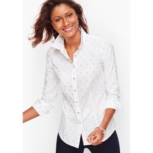 NWT Talbots Button Down Shirt Size 16W White Silver Polka Dot Long Sleeve